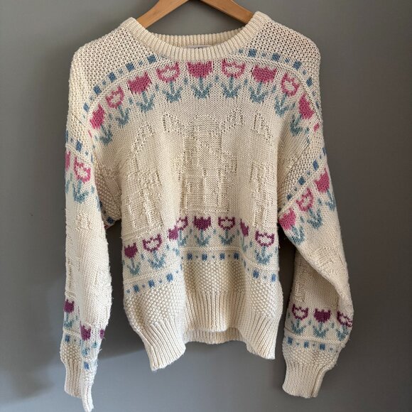 90s Cream Floral Crew Neck Sweater - Picture 1 of 9